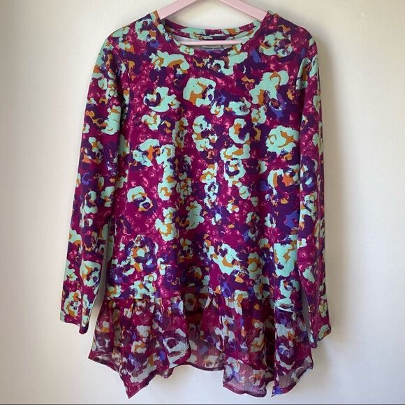 LOGO Lounge by Lori Goldstein French Terry Printed Top w/ Chiffon Hem - Picture 2 of 11